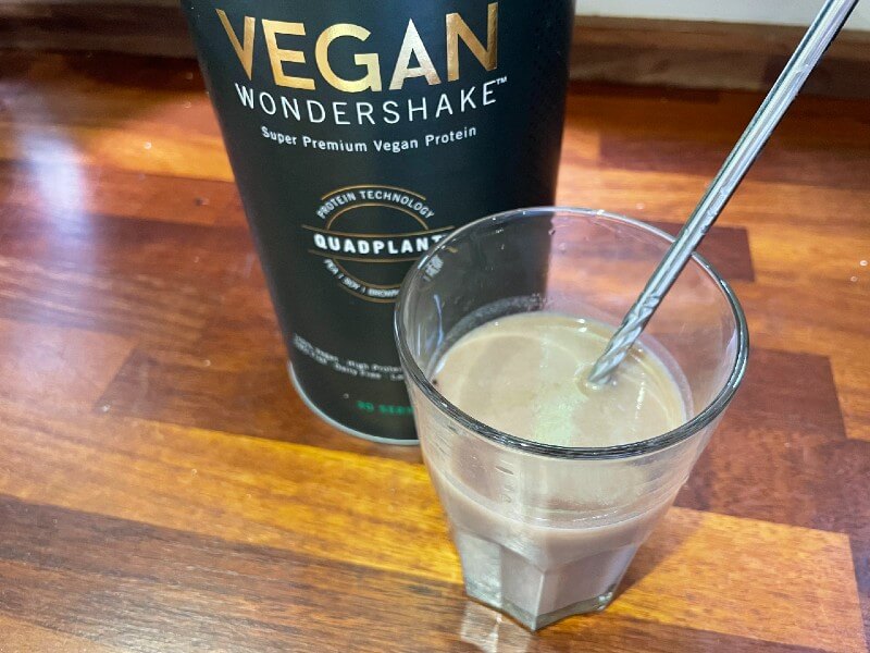 Vegan wondershake protein shake in a glass